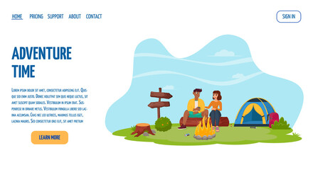 Obraz na płótnie Canvas A young couple is sitting by a campfire in nature. Summertime camping, hiking, camper, adventure time concept. Flat vector illustration for poster, banner, flyer