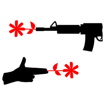 Red Flower In Hand And Rifle Gun Weapon. Concept Peace No War And Stop War Icon Vector Design.