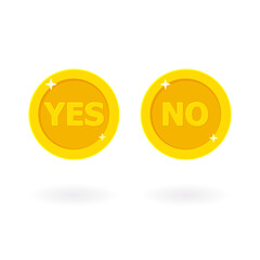 Cartoon golden coin with Yes and No two faces. Vector illustration isolated on white background