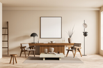 Light chill room interior with chair and decoration, dresser and mockup frame