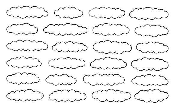  loud vector line icon set. Doodle outline simple sky. Sketch cartoon illustration. Hand drawn bubble shape art, white background. Think linear weather flat black pattern. Cloud chat vector isolated