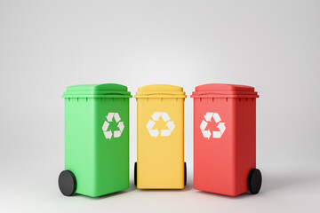 Three recycle bins in row, concept of waste sorting. Copy space