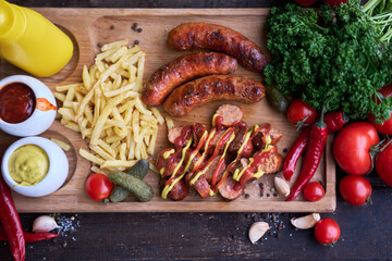 Tasty freshly grilled Sausages served with French fries and sauce on wooden board