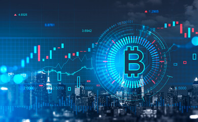 Obraz premium New York cityscape and cryptocurrency data and financial chart, internet banking