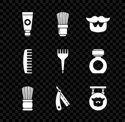 Set Cream or lotion cosmetic tube, Shaving brush, Mustache and beard, Straight razor, Barbershop, Hairbrush and icon. Vector