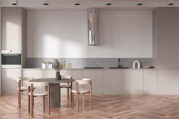 Light kitchen interior with table and chairs, shelves and kitchenware