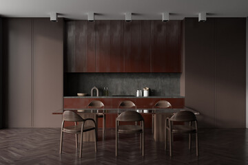 Modern kitchen interior with eating table and seats on wooden floor
