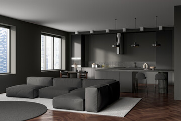Grey kitchen interior with couch and eating area, panoramic window