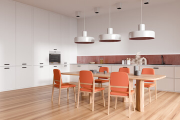 Light kitchen interior with eating table and seats, shelves and kitchenware