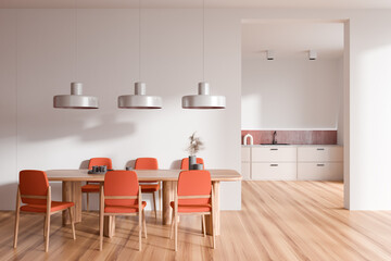 Light kitchen interior with eating table and seats, shelves and kitchenware
