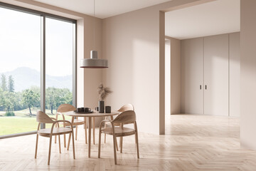 Light dining room interior with table and chairs, panoramic window. Mockup