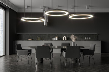 Grey kitchen interior with eating table and seats, kitchenware and window