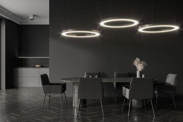 Kitchen interior with seats, eating table and cooking space