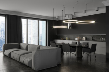 Grey kitchen interior with lounge zone and eating area, panoramic window