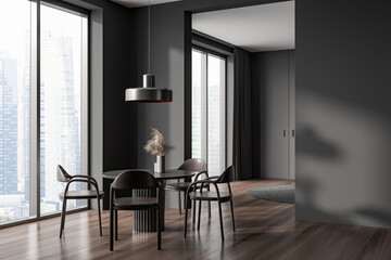 Grey dining room interior with table and chairs, panoramic window