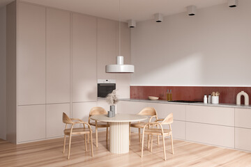 Light kitchen interior with eating table and seats, shelves and kitchenware