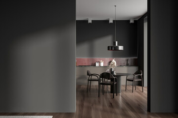 Grey kitchen interior with eating table and seats, kitchenware. Mockup