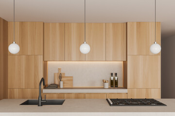 Light kitchen interior with island, sink and wooden shelves