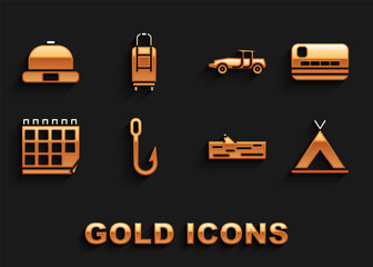 Set Fishing hook, Credit card, Tourist tent, Wooden log, Calendar, Car, Beanie hat and Suitcase icon. Vector