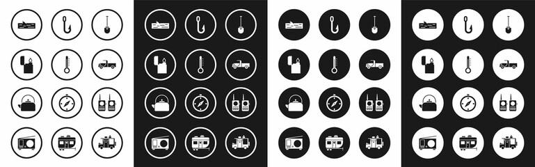 Fototapeta premium Set Shovel, Meteorology thermometer, Lighter, Wooden, Pickup truck, Fishing hook, Walkie talkie and Kettle with handle icon. Vector