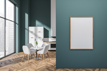 Kitchen interior with dining table and appliances, panoramic window. Mockup frame