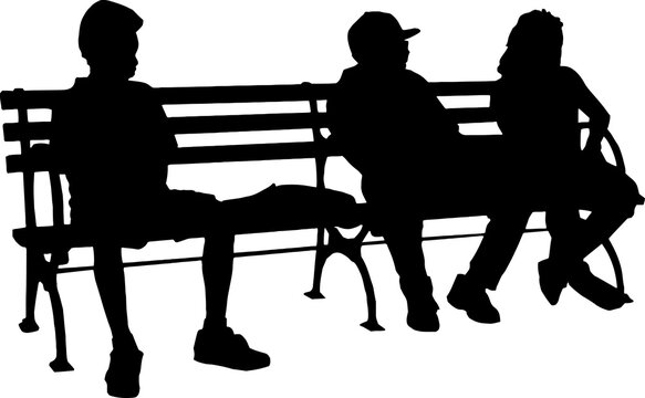 Silhouette of group of kids sitting on park bench, kids relaxing on garden bench illustration