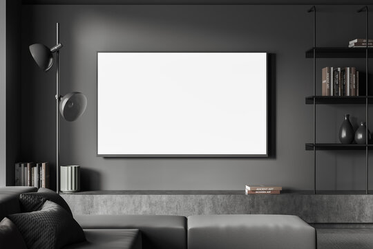 Relax room interior with couch and tv set, shelf with decoration, mockup screen