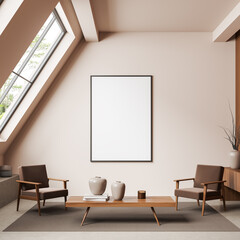 Lounge room interior with chairs and coffee table with decoration, mockup frame
