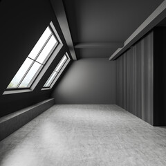 Grey empty attic apartment and panoramic window on countryside