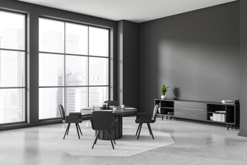 Grey meeting interior with table and chairs, panoramic window and mockup