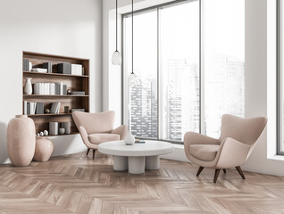 Relax room interior with two seats, shelf with decoration and panoramic window