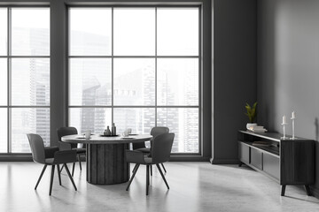 Grey dining room interior with chairs and drawer, panoramic window