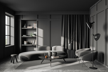 Lounge room interior with couch and chair, shelf and panoramic window