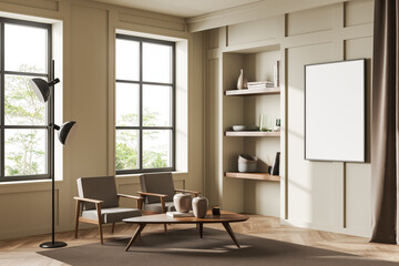 Naklejka na ściany i meble Lounge room interior with two chairs and shelf, window and mockup frame