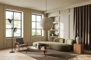 Modern relax room interior with couch and chairs, shelf and panoramic window