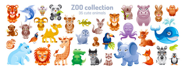 Cartoon animal. Vector kid zoo. Cute baby set. Jungle, sea and woodland clipart illustration. Safari flat icons. Zoo characters. Cheetah, African elephant, forest bear, buffalo, bird. Wild game icon