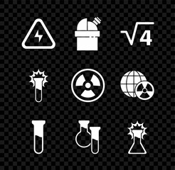 Set High voltage, Astronomical observatory, Square root of 4 glyph, Test tube and flask, and Radioactive icon. Vector