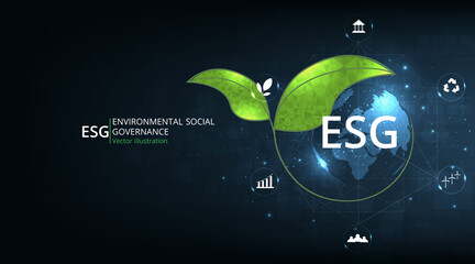  Environmental Social and Governance (ESG) concept.The company development of a nature conservation strategy and Solving environmental, social and management problems with figure icons. 