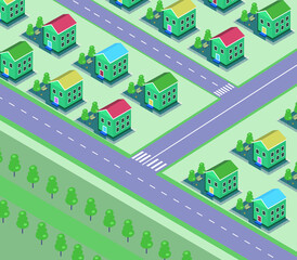 Country village district isometric illustration of a rural area with many houses, streets, recreation areas, and trees