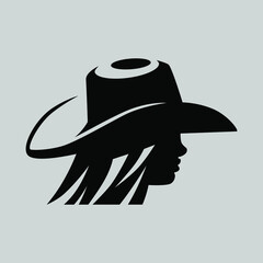 Pretty cowgirl side view portrait symbol on gray backdrop. Design element