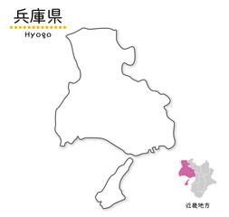 兵庫県のシンプルな白地図、単純化した線画、地方と位置