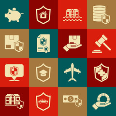 Set Lifebuoy in hand, insurance with shield, Judge gavel, House flood, Contract, Delivery security, Piggy bank and icon. Vector