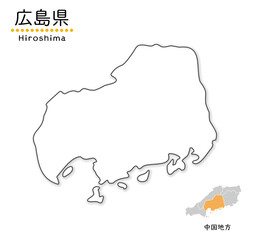 Obraz premium 広島県のシンプルな白地図、単純化した線画、地方と位置