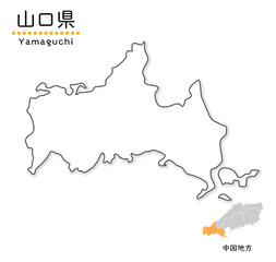 山口県のシンプルな白地図、単純化した線画、地方と位置