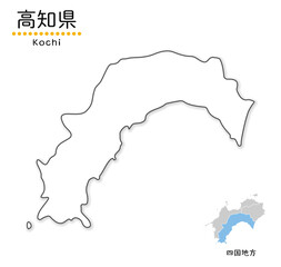 高知県のシンプルな白地図、単純化した線画、地方と位置