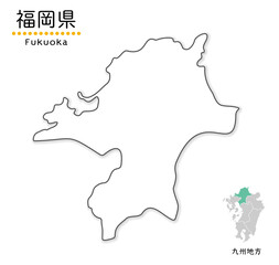 福岡県のシンプルな白地図、単純化した線画、地方と位置