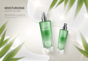 Gentle skincare glass bottle green leaves cosmetic ads, bottle product lying on water surface background in top view angle with water drops and leaves