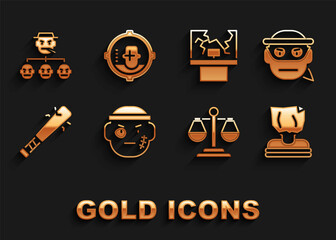 Set Bandit, Kidnaping, Scales of justice, Baseball bat with nails, Broken window, Mafia and Headshot icon. Vector