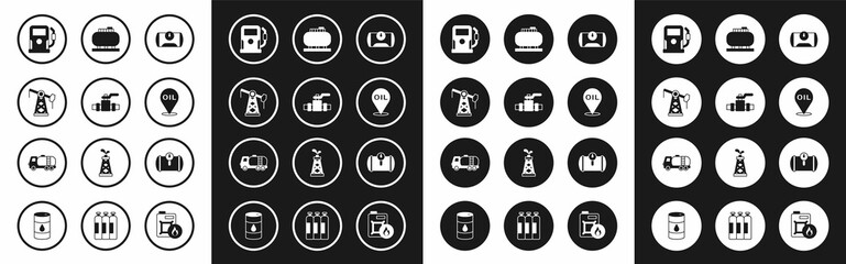 Fototapeta premium Set Gas tank for vehicle, Metallic pipes and valve, Oil pump pump jack, Petrol gas station, Refill petrol fuel location, storage, and Tanker truck icon. Vector