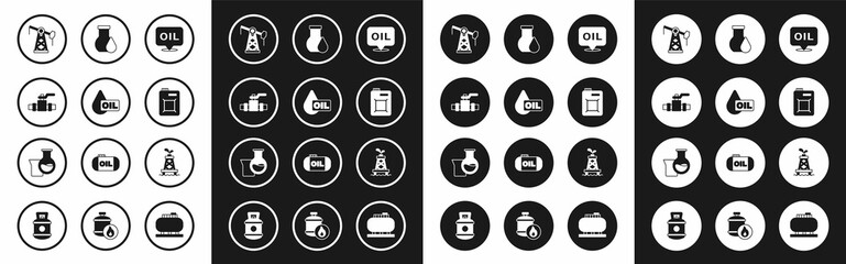 Set Word oil, Oil drop, Metallic pipes and valve, pump pump jack, Canister for motor, petrol test tube, rig and icon. Vector